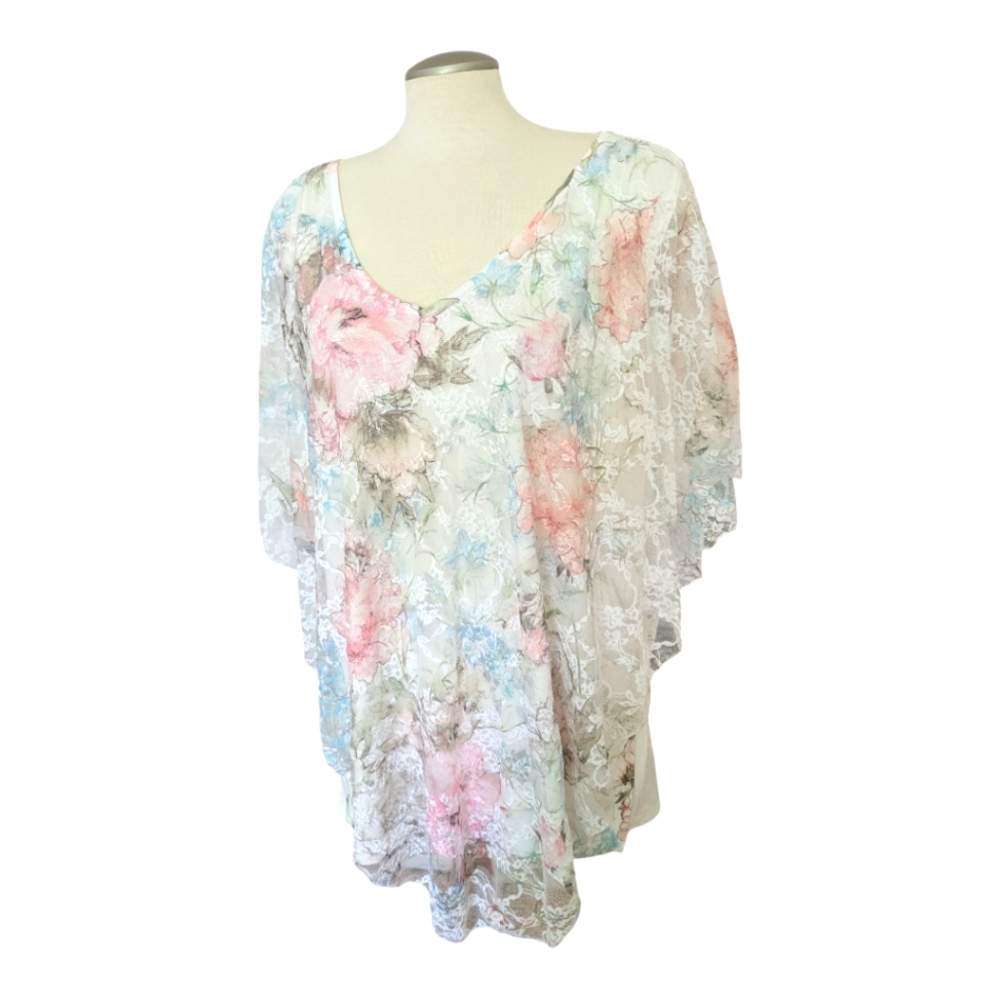 Brittany Black Woman Pastel Floral Blouse Lace Tunic Feminine Size 1X